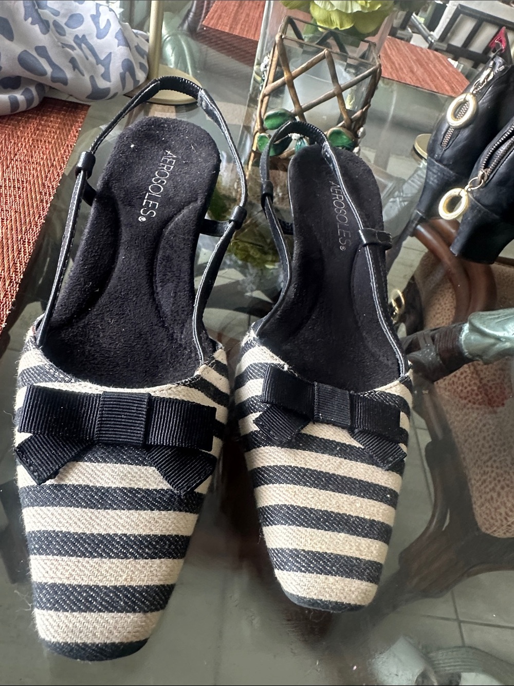AEROSOLES Black and Cream Striped Slingback Flats with Bow Accent